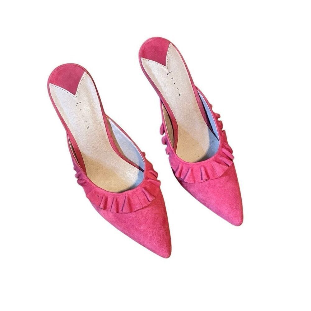 LEITH | pink suede mule heels with ruffle detail 8 - Picture 3 of 14